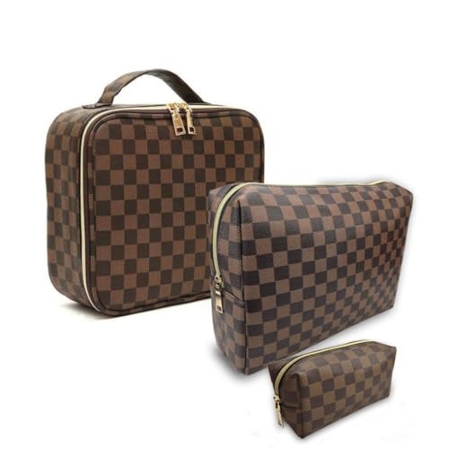 Makeup Bag,3 Pcs Brown Checkered Bags Set,Portable with Adjustable Partition,Large Capacity Pouch for Travel Cosmetic Organizer, Makeup Brushes,Waterproof, Toiletries,Designer for Gift,Checkered