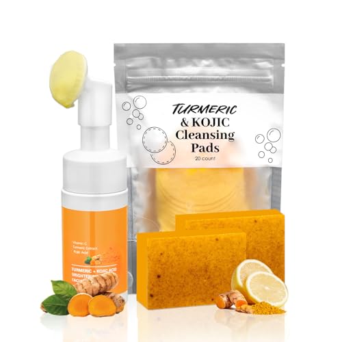 Turmeric Wash and Care Set, 3-Piece Turmeric Skincare Set:Turmeric Facial Wash with Brush,Cleansing Pad,Soap bar, Deep Cleansing for Face & Body