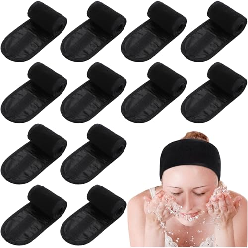 12 Pack Adjustable Spa Headbands for Face Washing & Makeup - Black