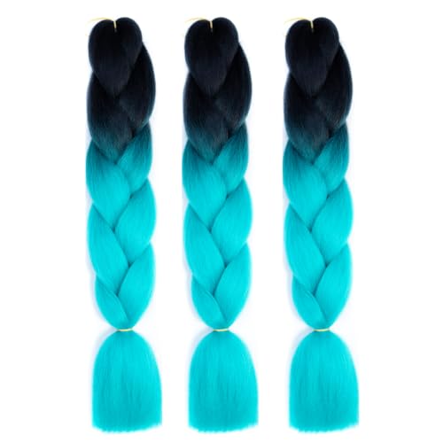 Braiding Hair Ombre Black to Cyan Kanekalon Braid Hair Extensions Hot Water Setting High Temperature Synthetic Fiber 24 Inches(B19-3Pack)