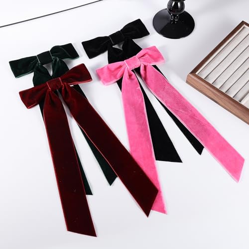 4Pack Velvet Hair Ties, Long Tail Hair Bows for Women Girls, Back to School Gifts Headdress Decor, Hair Band Set, Baby Teen Girl Stuff Hair Styling Accessories, Toddler Girl Cute Hair Clips