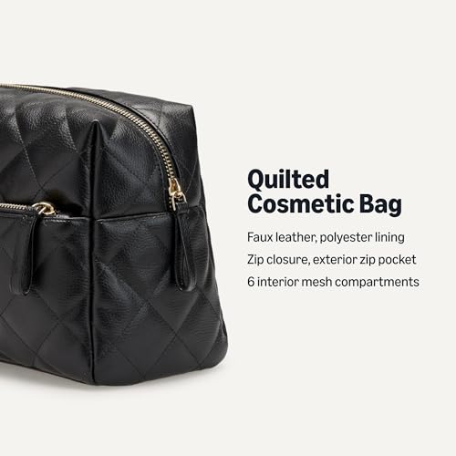 Amazon Essentials Women's Quilted Travel Makeup Bag - Black Faux Leather, One Size