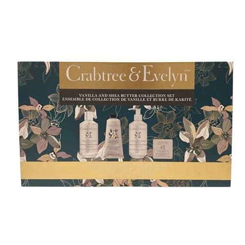 Crabtree & Evelyn Vanilla & Shea Butter Collection Set (Bath & Shower Gel 8.4 fl oz, Hand Therapy 3.5 oz, Body Lotion 8.4 fl oz, Bar Soap 3.5 oz)