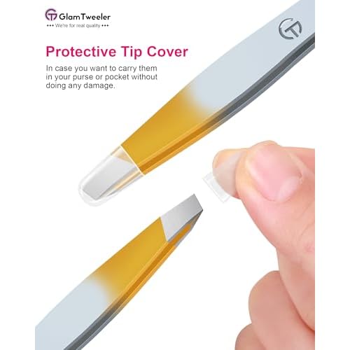 Exclusive G-01 Slant Tip Tweezers, GlamTweeler High Precison Expert Eyebrow and Facial Hair Removal Tweezer with Leather Storage & Carrying Case (Silver & Gold)