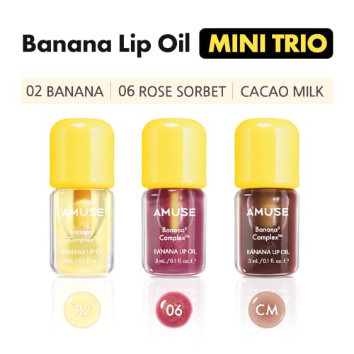 Amuse Seoul Mini Banana Lip Oil Set with 3 Flavors – Cacao Milk & Rose Sorbet