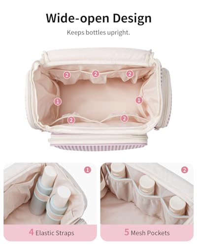 Narwey Hanging Travel Toiletry Bag for Women, Large Makeup Organizer, Dusty Pink Stripe
