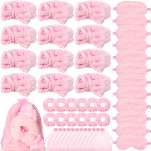 Mimorou 48 Pieces Spa Party Supplies 12 Spa Headband 12 Plush Sleep Eye Mask 12 Velvet Scrunchies 12 Organza Bags for Sleepover Slumber Party Favors Christmas Gift(Pink)