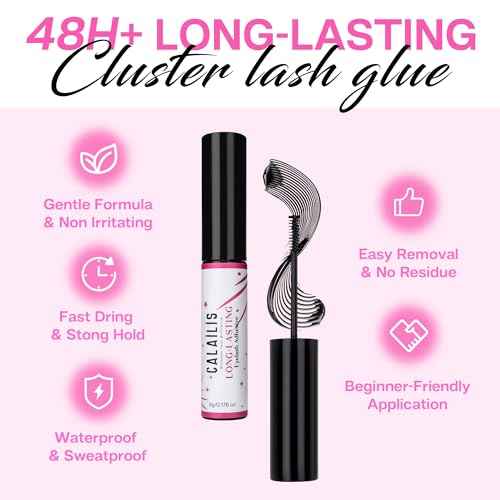 CALAILIS Lash Glue, Cluster Lash Glue, Lash Extension Glue, Super Strong Hold 48 Hours Long Lasting Eyelash Glue for Lash Cluster, Waterproof, Non-Irritating, Fast Drying Lash Glue, 2Pack