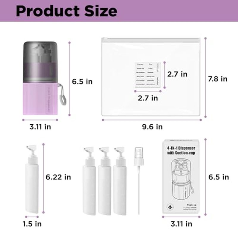 4-in-1 Travel Toiletry Dispenser Set with Suction Cup, TSA Approved