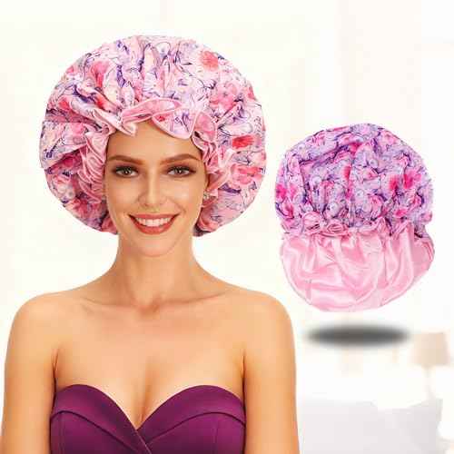 Extra Large Luxury Shower Cap for Women Reusable Waterproof, Double Layered Shower Caps for Long Hair with Adjustable Elastic Strap, Large Satin Lined Shower Bath Cap for All Hair Lengths
