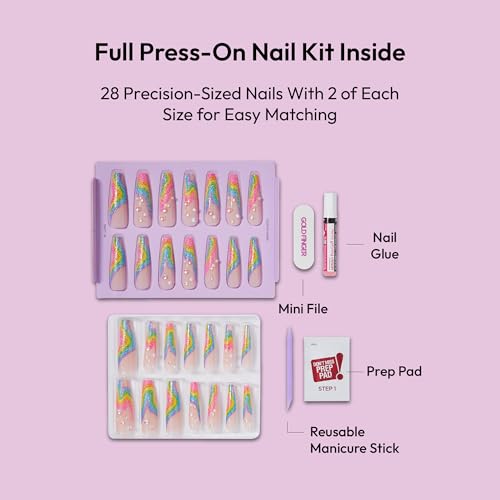Glitzy 3D Handmade Press On Nail Kit, Rhinestone Gem Glitter French Tip 3X-Long Coffin False Nail, Reusable & Lasts Up To 2 Weeks, Seamless Snug Fit Technology, Includes Glue & 28Pcs Manicure Set