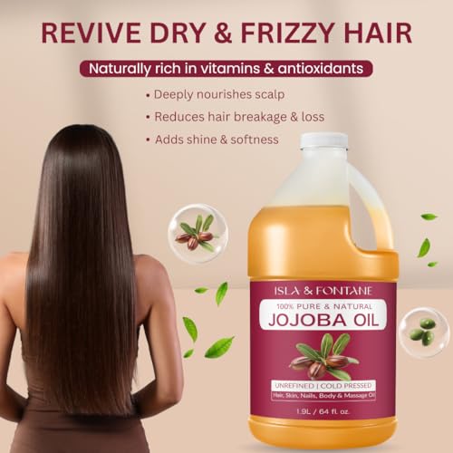 ISLA & FONTANE Jojoba Oil ? 64 fl oz | 100% Pure & Natural | Golden, Unrefined, Cold Pressed | Hexane-Free Carrier Oil for Skin, Hair, Face, Nails & Body Moisturizing