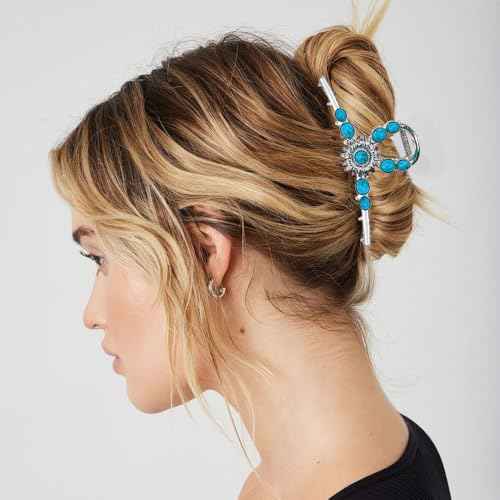 2 PACK Extra Turquoise Blue Stone Sun Hair Claw Clip, Metal Retro Style Hairpin Western Hair Clip, Nonslip Hair Accessories for Thick Hair
