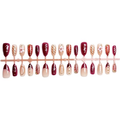 Medium Almond Press On Nails - Fall Burgundy with Gold Beads | 30 Pcs