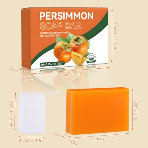 2PCS Persimmon Soap Bar for Body, Natural Deodorant Body Bar Soap for Remove Strong Smell, Organic Eliminating Odor Wash Soap for Women & Men
