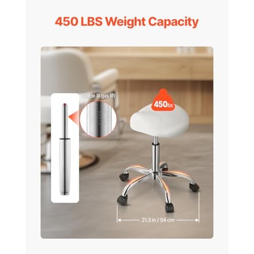VEVOR Saddle Stool with Wheels, 450 LBS Weight Capacity Ergonomic Rolling Stool, Height Adjustable Thickened PU Leather Swivel Saddle Chair for Salon, Spa, Massage, Tattoo, Clinic, White