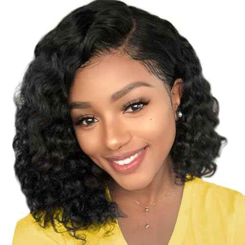 Left Side Part Bob Wig Human Hair Glueless Wigs Human Hair Pre Plucked Pre Cut Hd Lace Closure Wear and Go Glueless Wig Short Black Curly Wig 12 Inch Brazilian Human Hair Wigs for Black Women