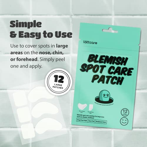 lattcare Blemish Spot Care Patches | Hydrocolloid Acne Patches | Large Spot Cover Treatment for Blemishes and Zit | Vegan, Cruelty Free Patches | Large , Long Two Sizes 39mm & 27mm (12 Count)