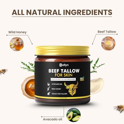 Beef Tallow for Skin - 100% Grass-Fed Beef Tallow and Honey Balm - Whipped Tallow Balm for Face, Lips & Body - Natural Moisturizer Face Cream for Dry, Sensitive & Mature Skin - 4.2oz 120g Jar