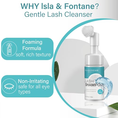 ISLA & FONTANE Lash Shampoo Kit ? 100ml Eyeash Cleanser + 150ml Wash Bottle + Makeup Remover Pad + Lash Cleansing Brush + Mascara Wand | Lash Bath for Extensions & Natural Lashes (Unscented 100ml)