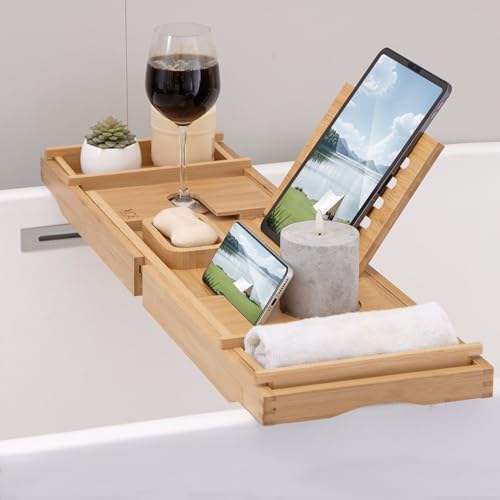 Bamboo Bathtub Caddy Tray Expandable 29-41 Inches | Book Stand