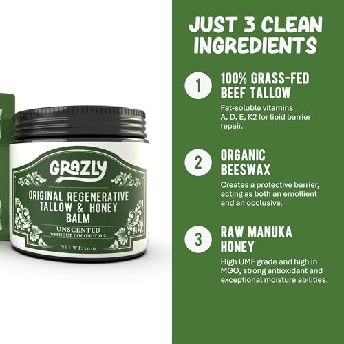 Original Beef Tallow & Manuka Honey Balm | 100% Grass?Fed & Finished Beef Tallow, Raw Manuka Honey, Beeswax | Deeply Moisturizing & Repairing Skincare Balm | 3 oz Jar