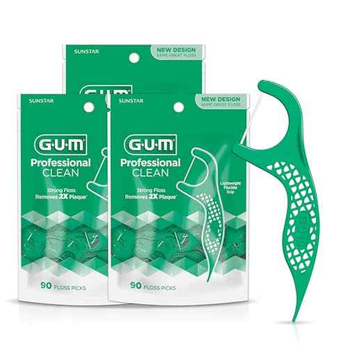 GUM Professional Clean Floss Picks - Extra Strong Shred-Resistant Floss, Easy Grip Handle - Dental Flossers for Adults - Fresh Mint Flavor, 90 Count (Pack of 3)