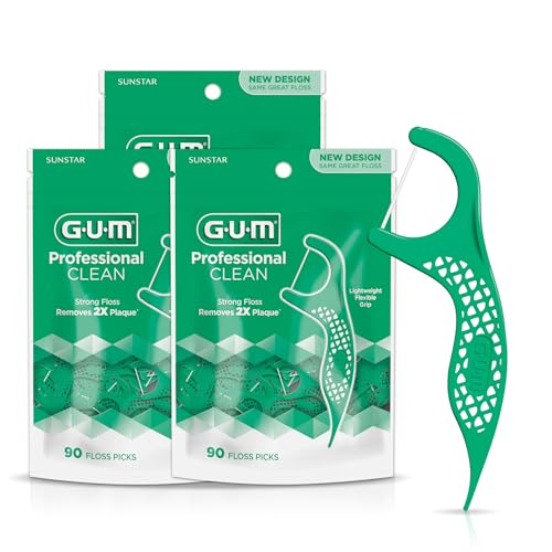 GUM Professional Clean Floss Picks - Extra Strong Shred-Resistant Floss, Easy Grip Handle - Dental Flossers for Adults - Fresh Mint Flavor, 90 Count (Pack of 3)