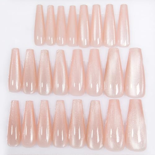 KKUUOO White Cat Eye Press on Nails Long Coffin Fake Nails Handmade False Nails with Glitter Design Full Cover Glossy Acrylic Nails Stick on Nails Jelly Press on Nails for Women Fall Winter Manicure