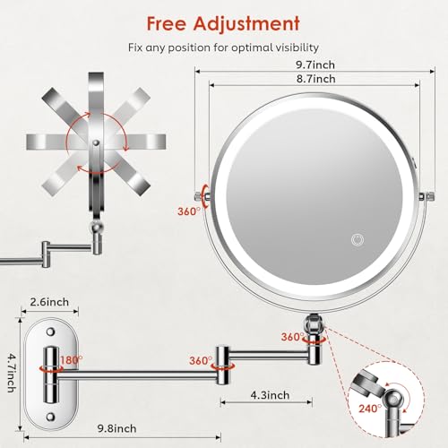 ZLOKLA Wall Mounted Lighted Makeup Mirror - 9" Double Sided 1X/30X Magnification