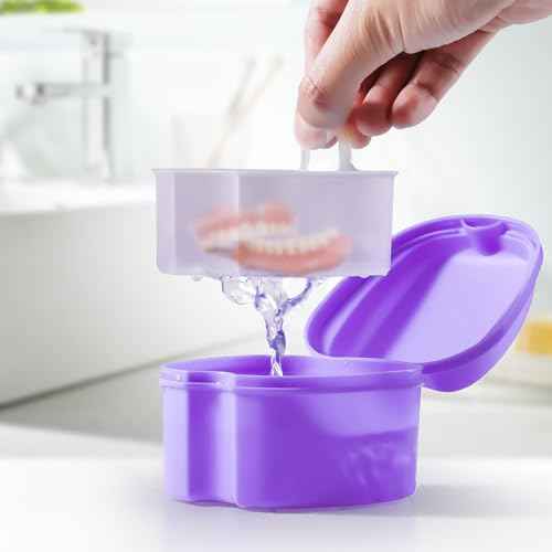 JMU Denture Bath Case, Denture Cup for Soaking Dentures with Strainer Basket Tray for Dentures, Mouth Guard Storage Case, Purple