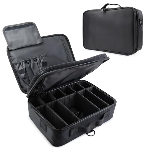 Travel Makeup Bag Makeup Cosmetic Train Case Organizer Portable Storage Bag with Adjustable Dividers for Cosmetics Makeup Brushes Toiletry Jewelry Black Medium