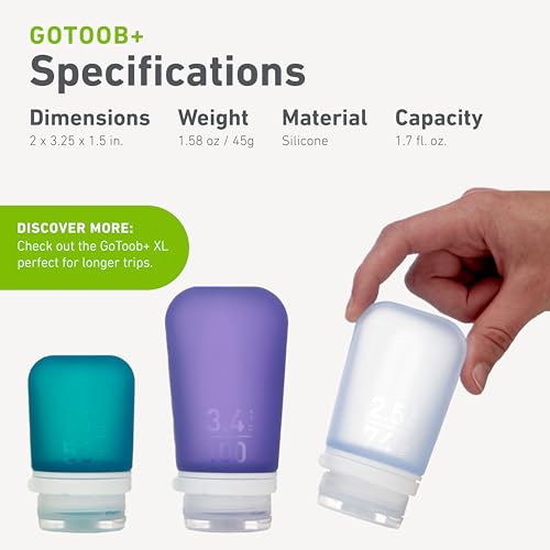 humangear GoToob+ Refillable Silicone Travel Size Bottles with Locking Cap for Women, Men, Toiletries, Beauty, Cosmetics, 3pk Set, Small (1.7oz), Clear/Green/Blue,HG3181