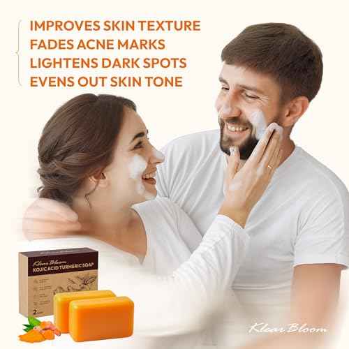 Kojic Acid Soap, Turmeric Soap Bar for Dark Spots Brightening & Moisturizing with Collagen, Vitamin E, Retinol, Hyaluronic Acid, Shea Butter, Paraben & Sulfate-Free 105g x 2 Bars