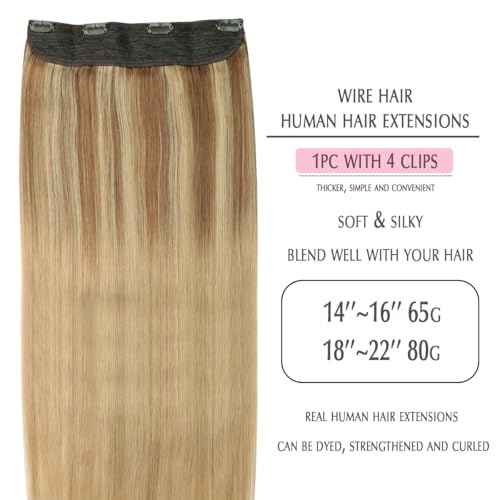 SURNEL Wire Hair Extension Invisible Fish Line Hair Extensions Real Human Hair Ash Brown to Caramel Blonde Wire Hair Extensions for Women 16 inch 65g(#10/16/16,16inch)