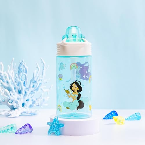 Zak Designs Sage Disney Princess Kids Water Bottle For School or Travel, 16oz Durable Plastic Water Bottle With Straw, Handle, and Leak-Proof, Pop-Up Spout Cover (Ariel & Jasmine)