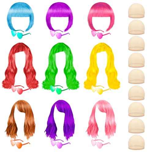 27 Pieces Colored Wigs Funky Neon Colorful Wigs with Heart Shape Sunglasses and Wig Cap for Women Cosplay