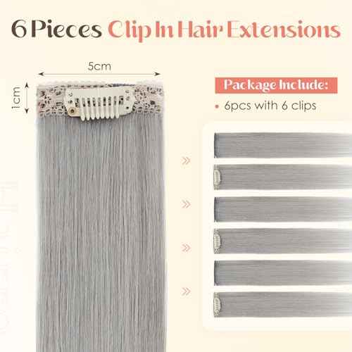 Hairro 6PCS 6 Clips In Short Hair Extensions Remy Real Human Hair Clip Ins Mini Clip On Hairpin Hairpieces For Women 33g 12 Inch #Silver Grey