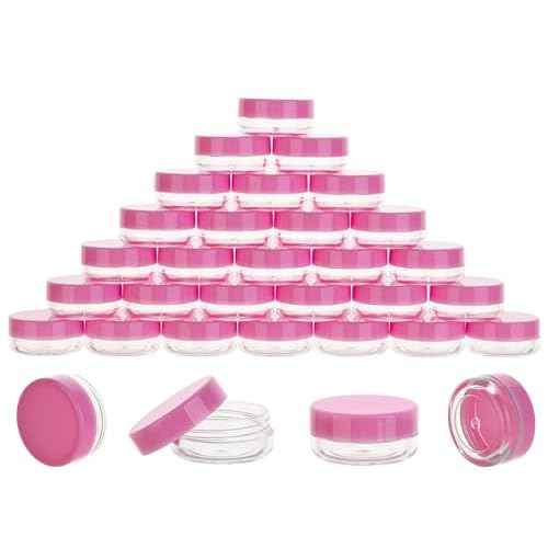 200 Count 3 Gram Sample Containers, Clear Lip Balm Containers with Lids, Small Plastic Sample Jars with 12 Mini Spoons, 200pcs Labels (Pink Lid)