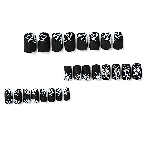 Halloween Press on Nails Short Fake Nails Full Cover Red French Tip Stick on Nails Artificial Nails with Blood Droplet Designs Square Acrylic Nails Glossy Glue on Nails for Women Girls 24pcs