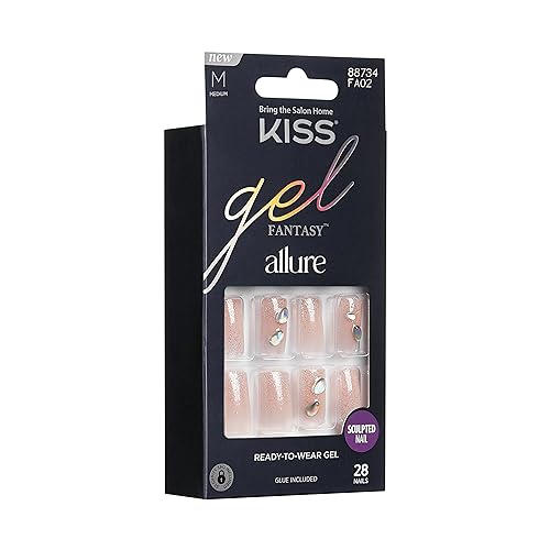 KISS Gel Fantasy Allure Ready-To-Wear Fake Nails ? Medium, Square - Transformation, Salon Quality, Smudge Proof, Waterproof, Durable, Wearable, Flexible, Chip Proof, Gorgeous & Shiny | 28 Count