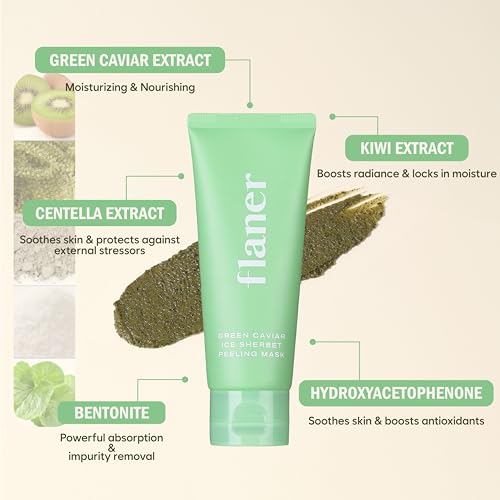 FLANER Green Caviar Peeling Mask ? Natural Face Exfoliator with 100,000ppm of Green Tea, Dead Skin & Blackhead Remover, 99% Micro Marine Spicules, Centella Asiatica, Gentle Exfoliating Scrub,100g