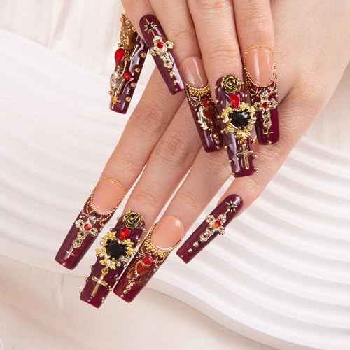 LOVFUL Press on Nails Gothic Romance| Handmade with Full Covered Crystals| Reusable Fake Nails| Square Mid length 1.7in| H333-M