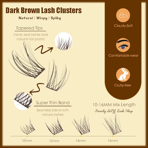 TEESTOU Dark Brown Wispy Lash Clusters Natural Look D-Curl 10-16mm
