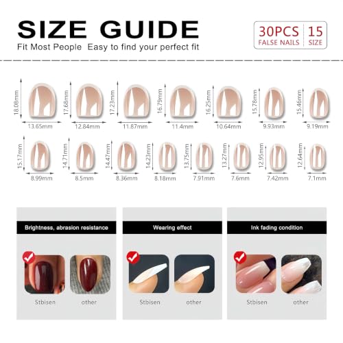 Stbisen 54-French Veil Short Oval Chrome Press On Nails 30PCS, Reusable Nude & White French Manicure