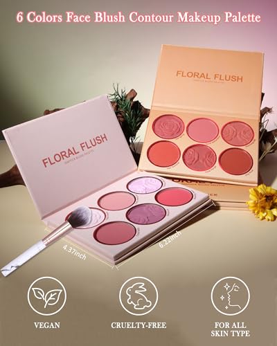6-Color Matte & Shimmer Blush Palette with Brush