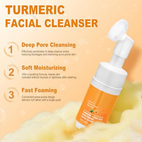 Turmeric Wash and Care Set, 3-Piece Turmeric Skincare Set:Turmeric Facial Wash with Brush,Cleansing Pad,Soap bar, Deep Cleansing for Face & Body