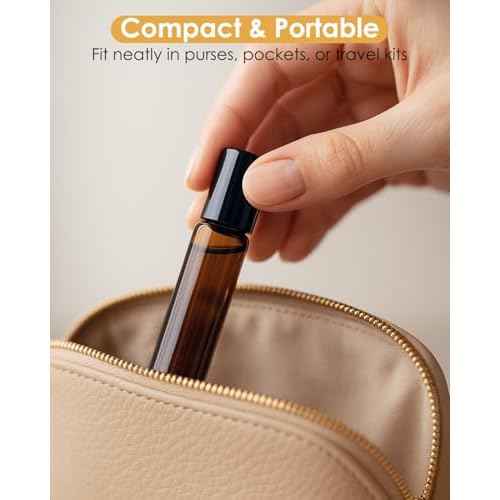 25 Pack Essential Oil Roller Bottles, 10ml Refillable Amber Glass Roller Bottles with Stainless Steel Roller Balls and Caps for Travel, Perfume and Lip Gloss