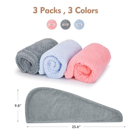 OEAGO Microfiber Hair Towel Wrap 3-Pack | Quick Dry Turban