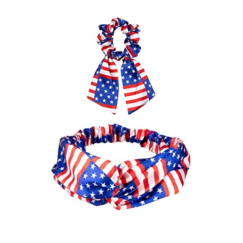 Patriotic Turban Headband Hair Scrunchies American USA Flag Headwear Hair Bands Tie JHN62 (2 Pcs-Set A)